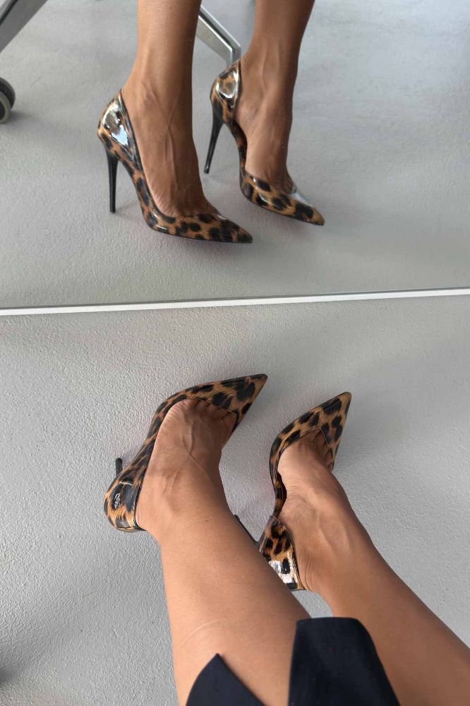 Swag İnce Topuk 10 Cm Leopar Rugan Stiletto resmi