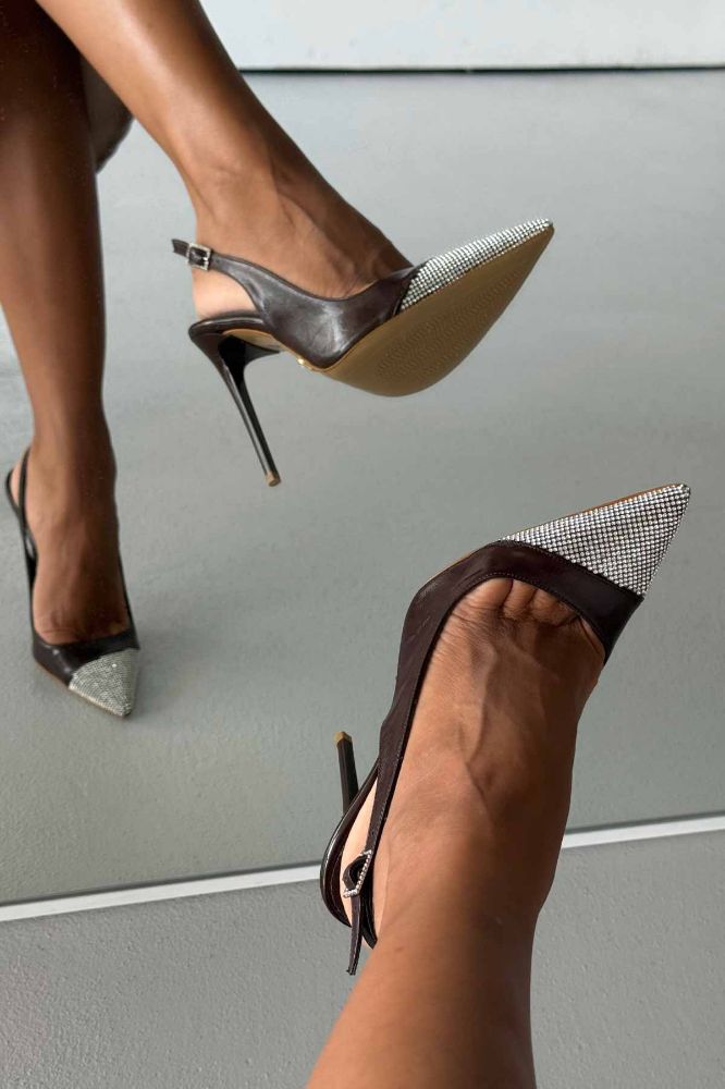 Jewel Taş Detaylı İnce Topuk 12 Cm Kahve Kırışık Rugan Stiletto resmi