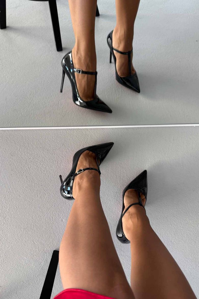 Wren Taşlı Toka Detaylı İnce Topuk 12 Cm Siyah Rugan Stiletto resmi