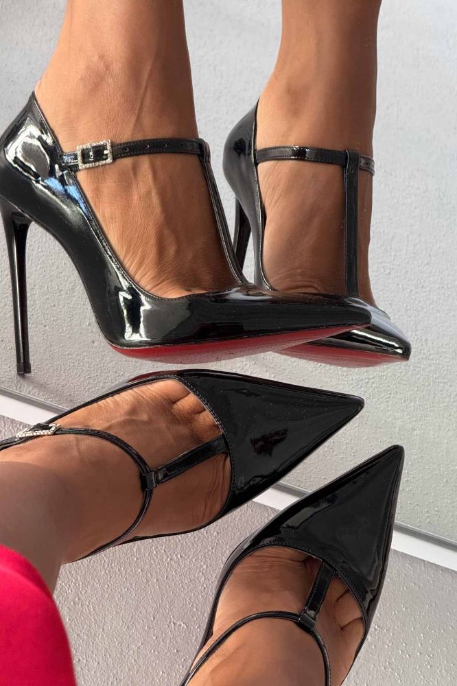 Wren Taşlı Toka Detaylı İnce Topuk 12 Cm Siyah Rugan Stiletto resmi