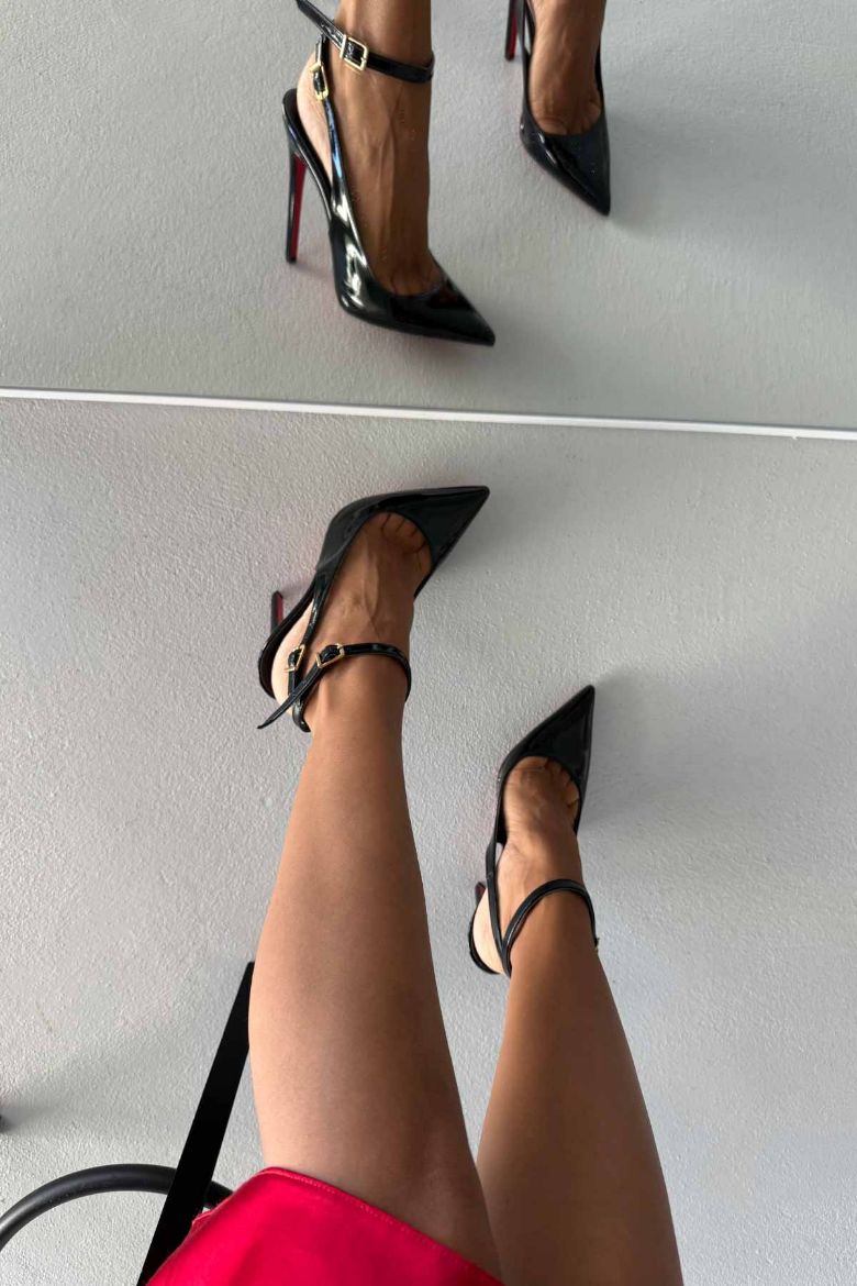 Zion Toka Detaylı İnce Topuk 12 Cm Siyah Rugan Stiletto resmi