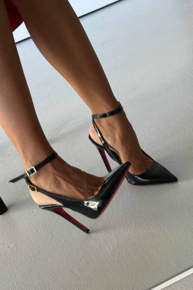 Zion Toka Detaylı İnce Topuk 12 Cm Siyah Rugan Stiletto resmi