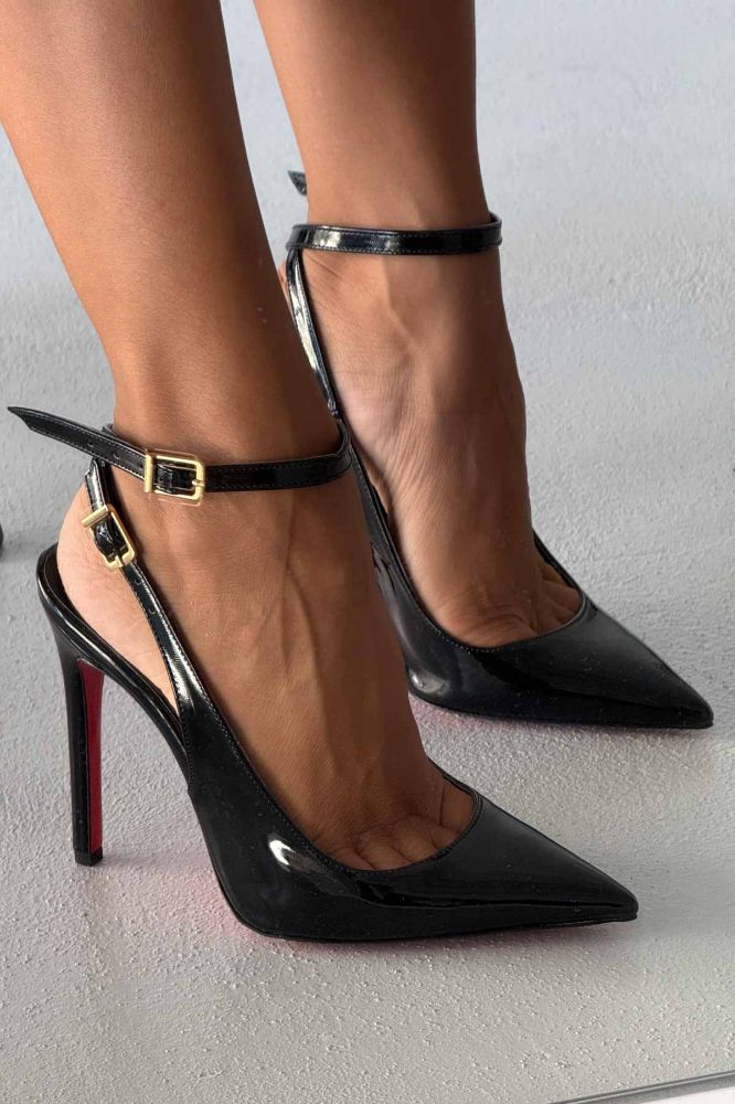 Zion Toka Detaylı İnce Topuk 12 Cm Siyah Rugan Stiletto resmi