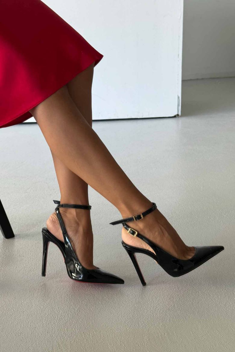 Zion Toka Detaylı İnce Topuk 12 Cm Siyah Rugan Stiletto resmi
