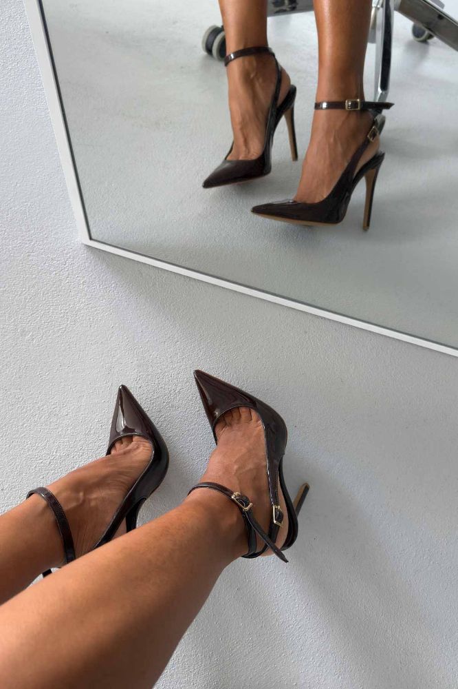 Zion Toka Detaylı İnce Topuk 12 Cm Acı Kahve Rugan Stiletto resmi