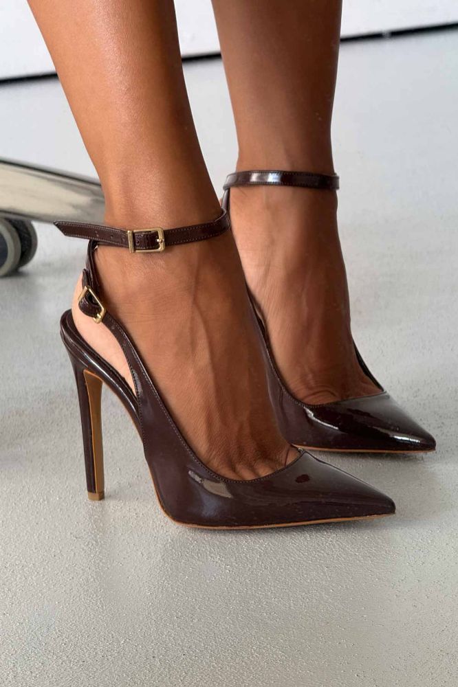 Zion Toka Detaylı İnce Topuk 12 Cm Acı Kahve Rugan Stiletto resmi