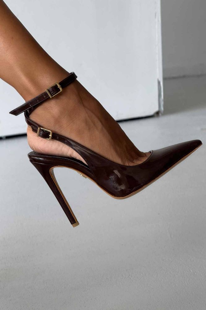 Zion Toka Detaylı İnce Topuk 12 Cm Acı Kahve Rugan Stiletto resmi