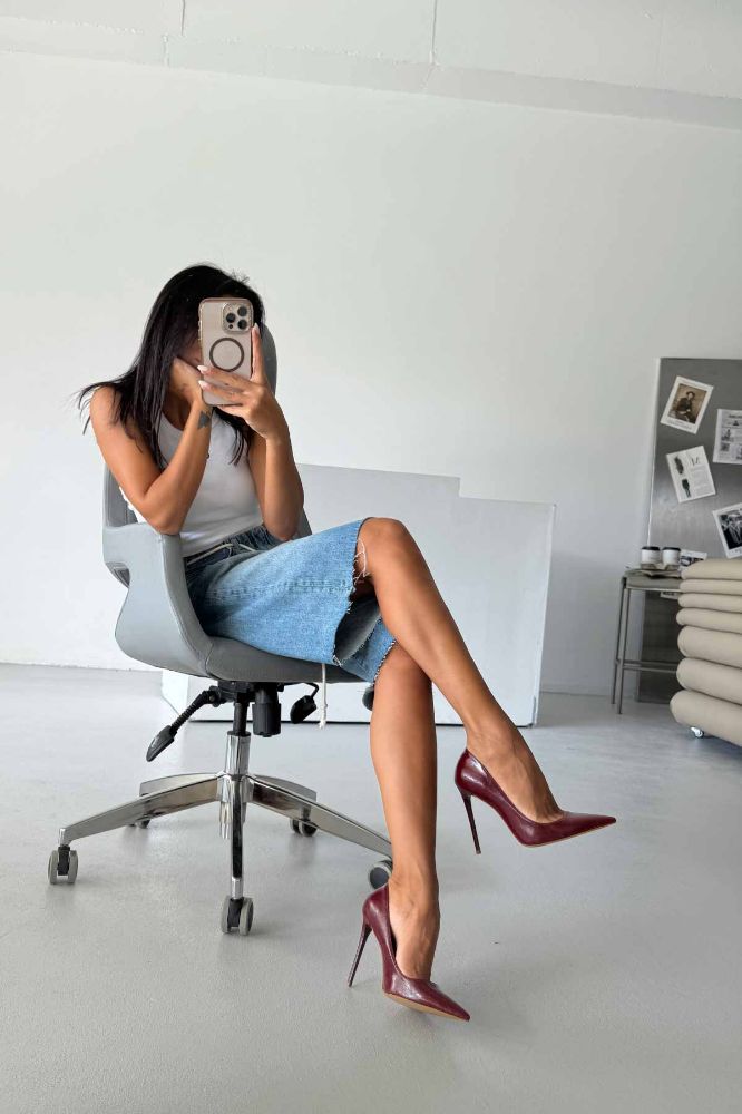 Opra İnce Topuk 12 Cm Bordo Kırışık Rugan Stiletto resmi