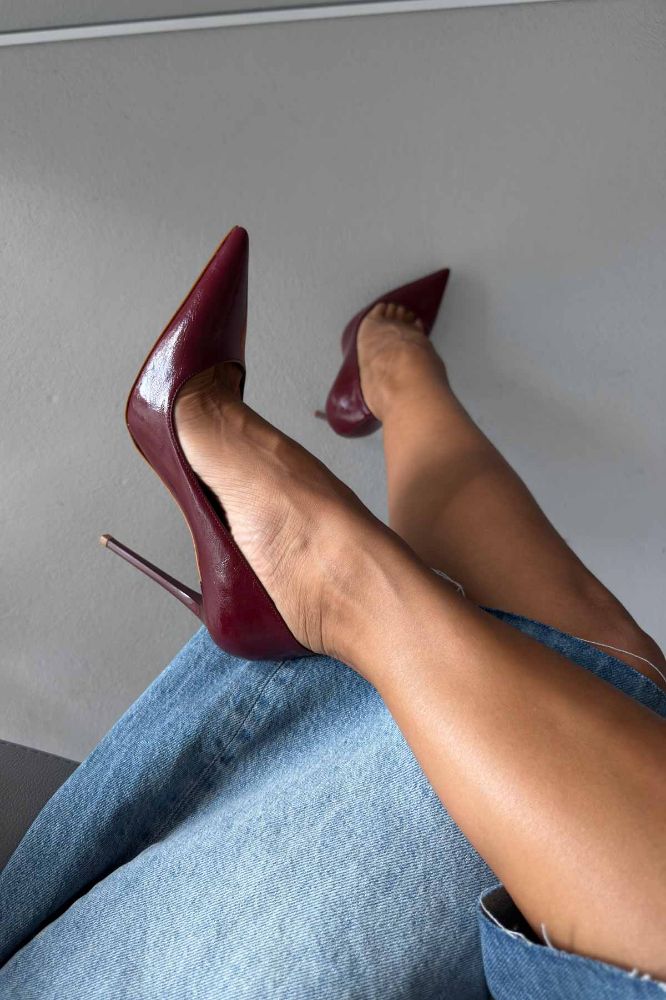 Opra İnce Topuk 12 Cm Bordo Kırışık Rugan Stiletto resmi