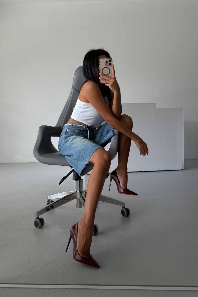 Opra İnce Topuk 12 Cm Bordo Kırışık Rugan Stiletto resmi