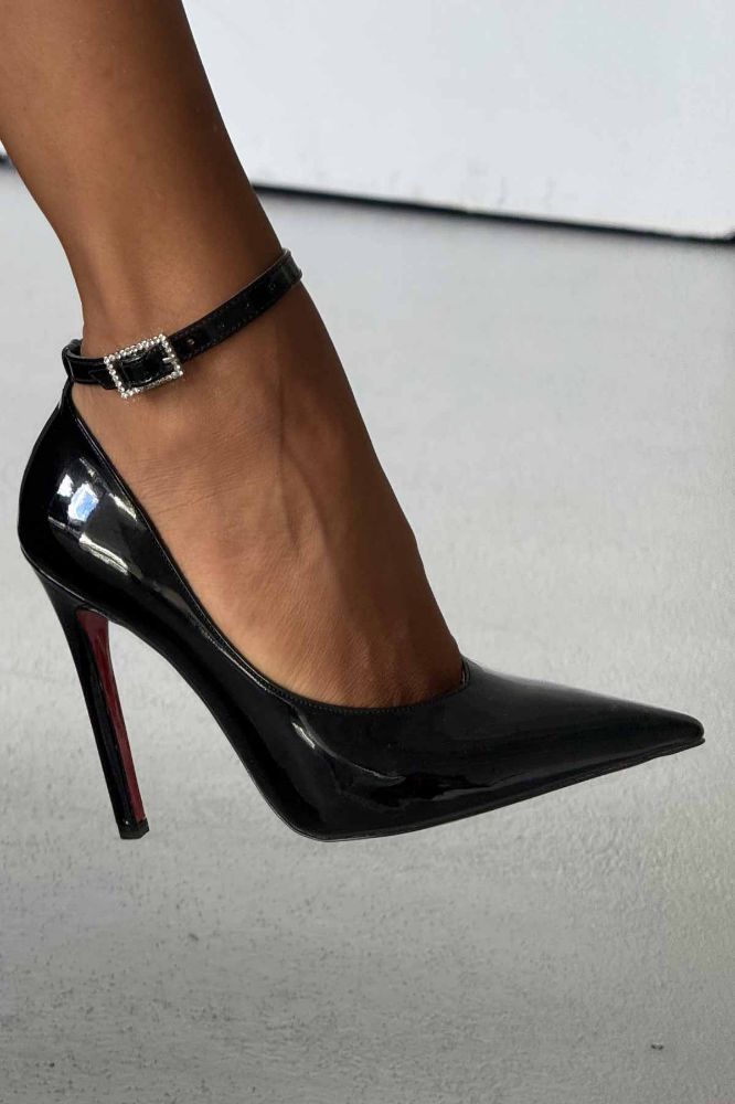 Lucia Taşlı Toka Detaylı İnce Topuk 12 Cm Siyah Rugan Stiletto resmi