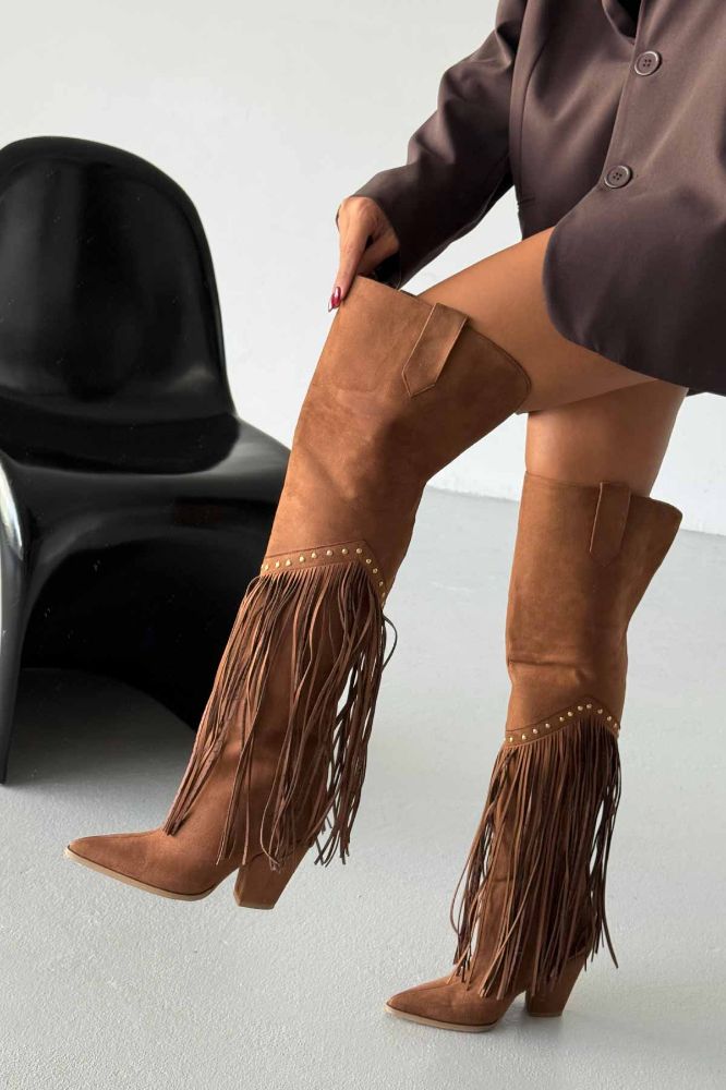 Fringe Püsküllü Ve Trok Detaylı Kovboy Kalın Topuk 9 Cm Taba Süet Çizme resmi
