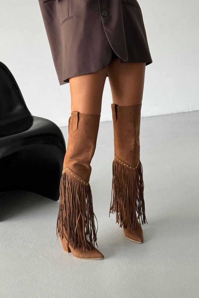 Fringe Püsküllü Ve Trok Detaylı Kovboy Kalın Topuk 9 Cm Taba Süet Çizme resmi