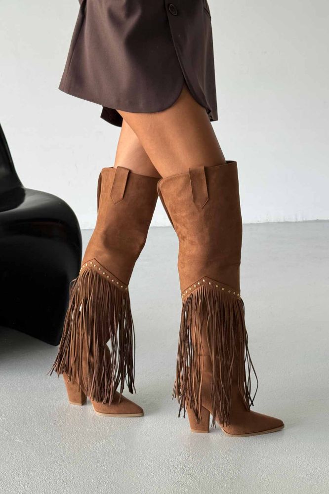 Fringe Püsküllü Ve Trok Detaylı Kovboy Kalın Topuk 9 Cm Taba Süet Çizme resmi