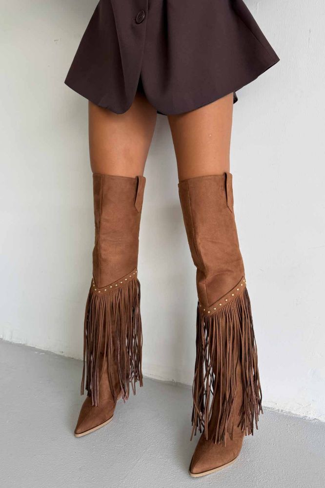 Fringe Püsküllü Ve Trok Detaylı Kovboy Kalın Topuk 9 Cm Taba Süet Çizme resmi