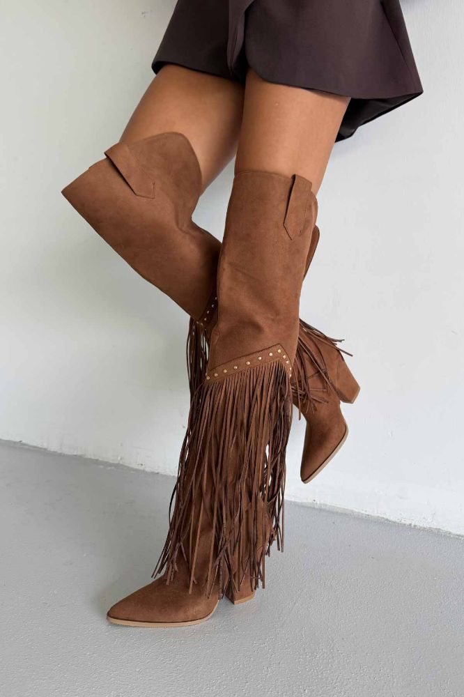 Fringe Püsküllü Ve Trok Detaylı Kovboy Kalın Topuk 9 Cm Taba Süet Çizme resmi