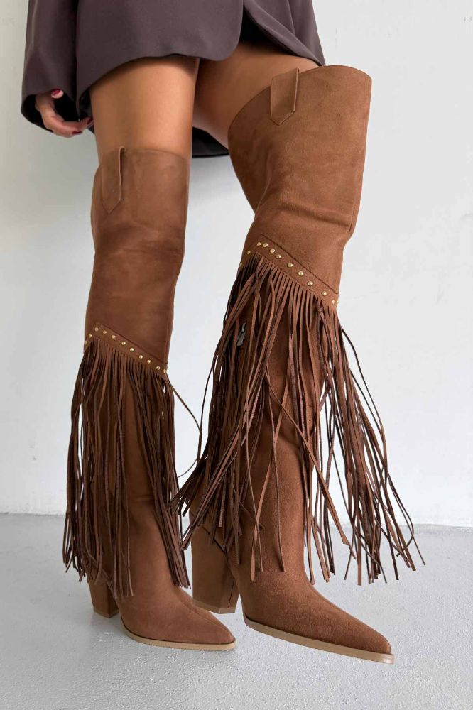 Fringe Püsküllü Ve Trok Detaylı Kovboy Kalın Topuk 9 Cm Taba Süet Çizme resmi