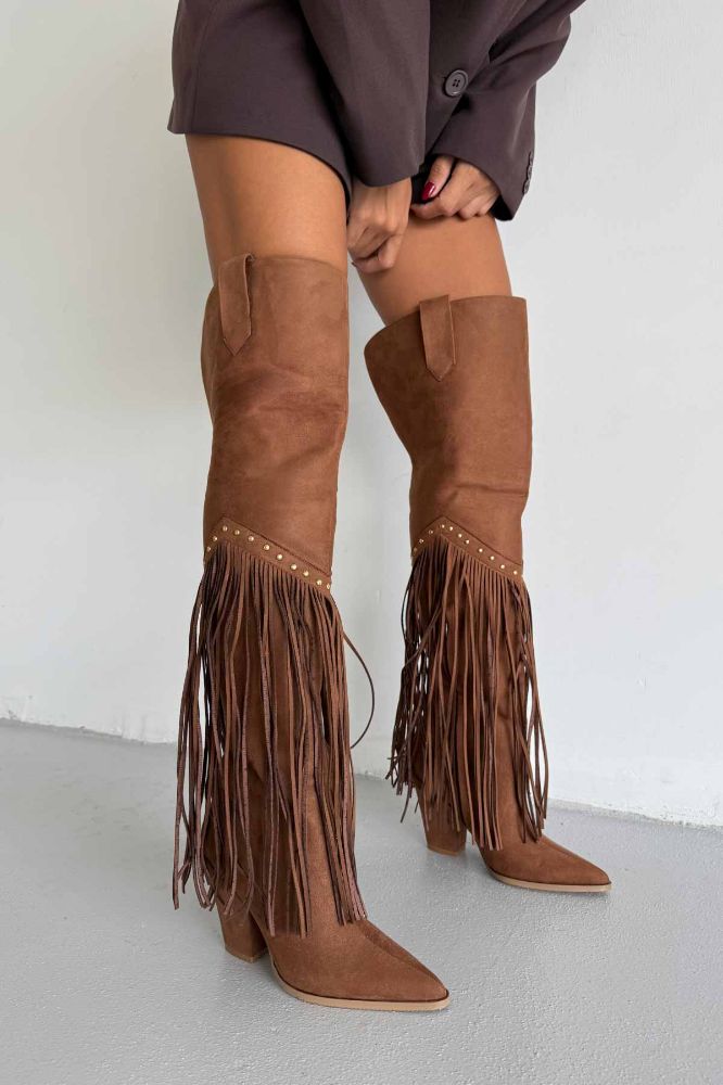 Fringe Püsküllü Ve Trok Detaylı Kovboy Kalın Topuk 9 Cm Taba Süet Çizme resmi