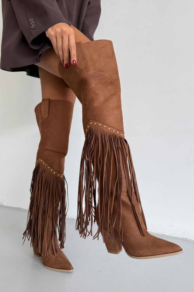 Fringe Püsküllü Ve Trok Detaylı Kovboy Kalın Topuk 9 Cm Taba Süet Çizme resmi