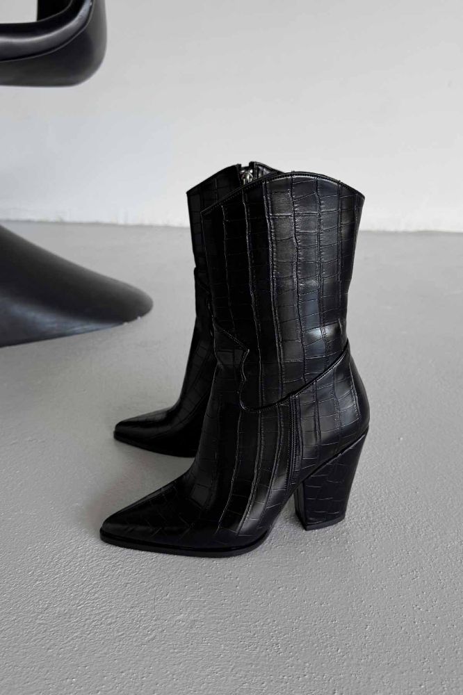 Cecilia  KALIN TOPUK 9 CM SİYAH KROKO BOT resmi