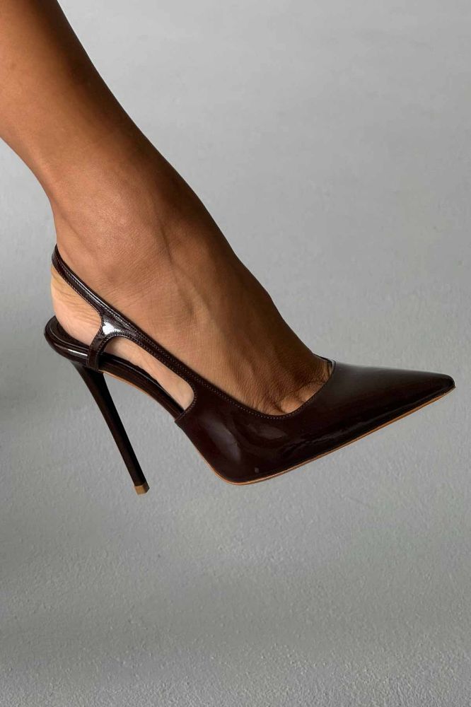 Kindra İnce Topuk 12 Cm Acı Kahve Rugan Stiletto resmi