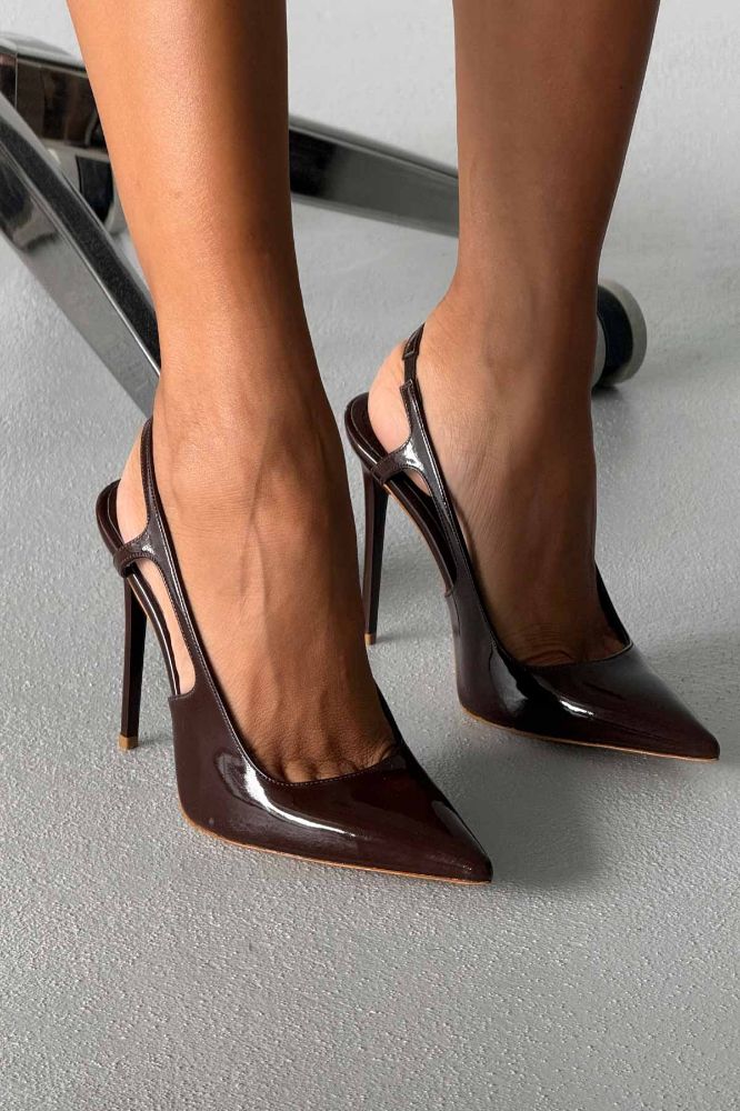 Kindra İnce Topuk 12 Cm Acı Kahve Rugan Stiletto resmi