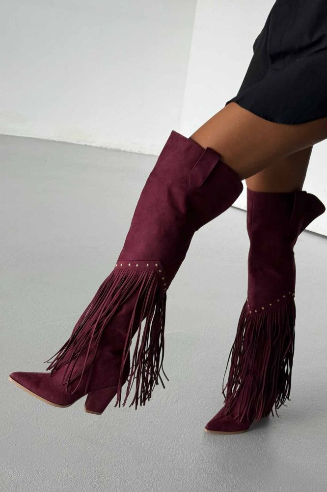 Fringe Püsküllü Ve Trok Detaylı Kovboy Kalın Topuk 9 Cm Bordo Süet Çizme resmi