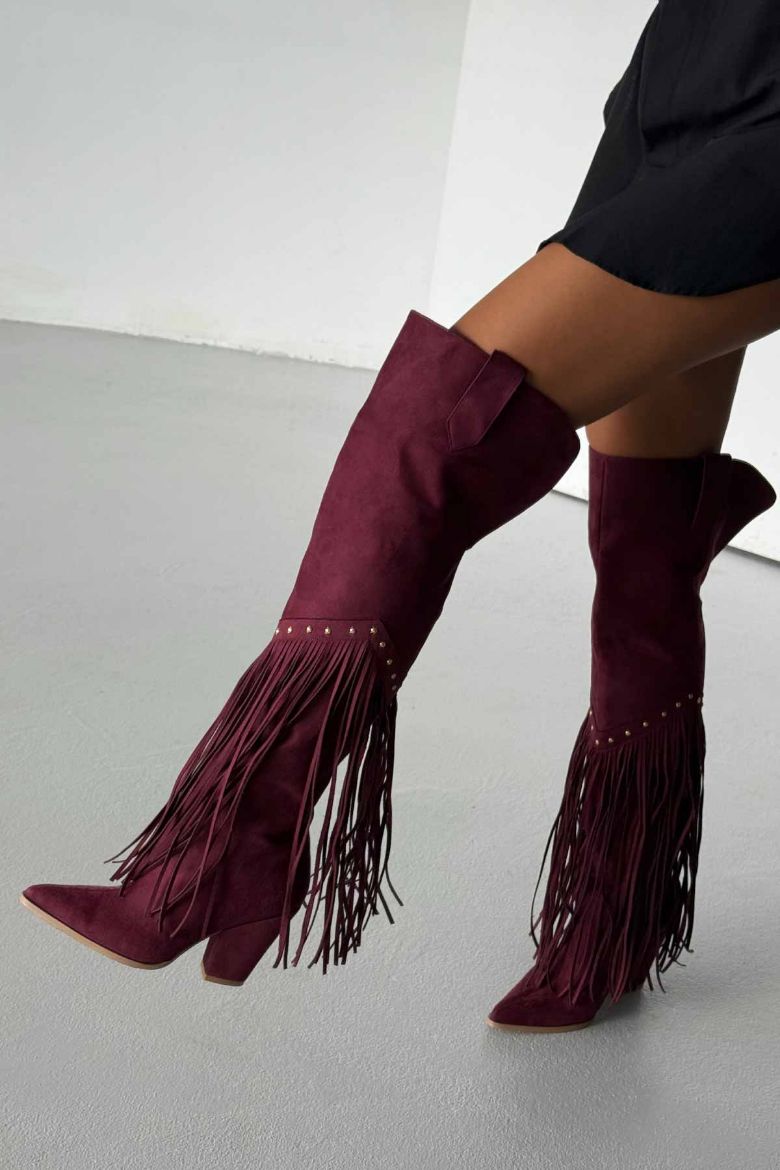 Fringe Püsküllü Ve Trok Detaylı Kovboy Kalın Topuk 9 Cm Bordo Süet Çizme resmi