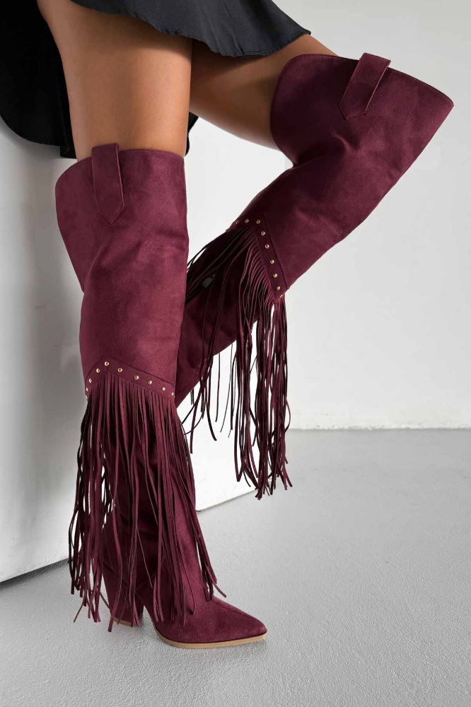 Fringe Püsküllü Ve Trok Detaylı Kovboy Kalın Topuk 9 Cm Bordo Süet Çizme resmi