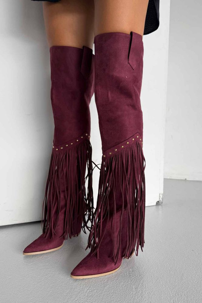 Fringe Püsküllü Ve Trok Detaylı Kovboy Kalın Topuk 9 Cm Bordo Süet Çizme resmi