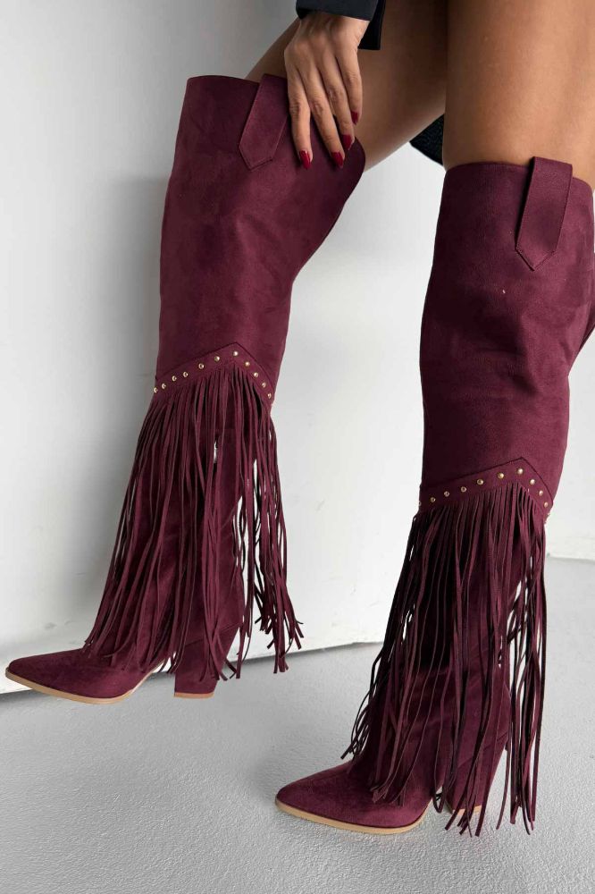 Fringe Püsküllü Ve Trok Detaylı Kovboy Kalın Topuk 9 Cm Bordo Süet Çizme resmi