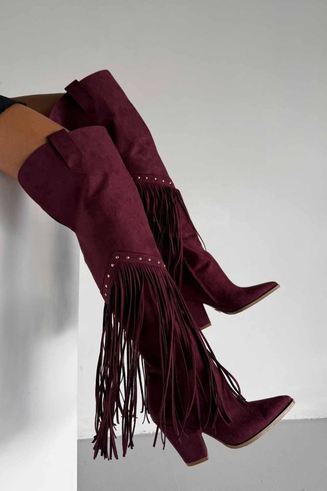Fringe Püsküllü Ve Trok Detaylı Kovboy Kalın Topuk 9 Cm Bordo Süet Çizme resmi