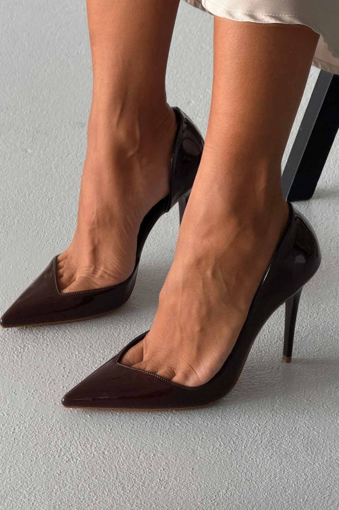 Swag İnce Topuk 10 Cm Acı Kahve Rugan Stiletto resmi
