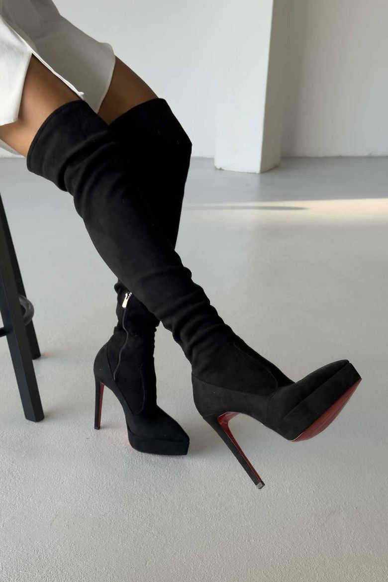 Lotta Streç Diz Üstü İnce Topuk 13 Cm Siyah Süet Platform resmi