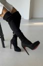 Lotta Streç Diz Üstü İnce Topuk 13 Cm Siyah Süet Platform