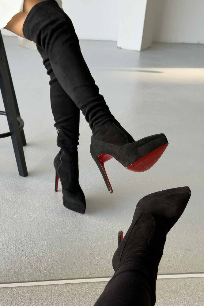 Lotta Streç Diz Üstü İnce Topuk 13 Cm Siyah Süet Platform resmi