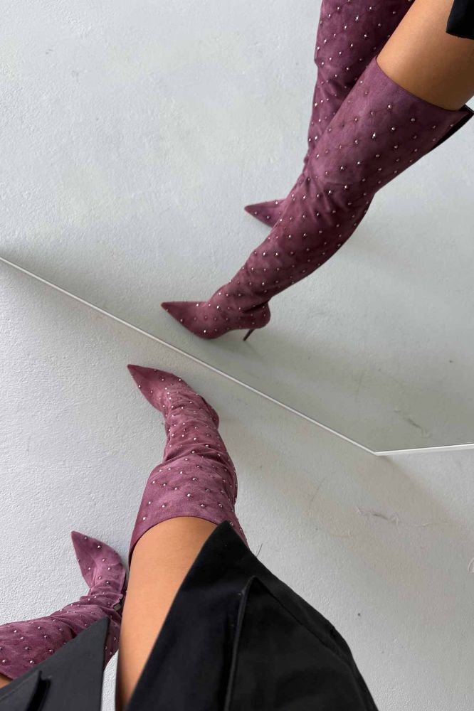 Paint Diz Üstü İnce Topuk 10 Cm Bordo Süet Taşlı Çizme resmi
