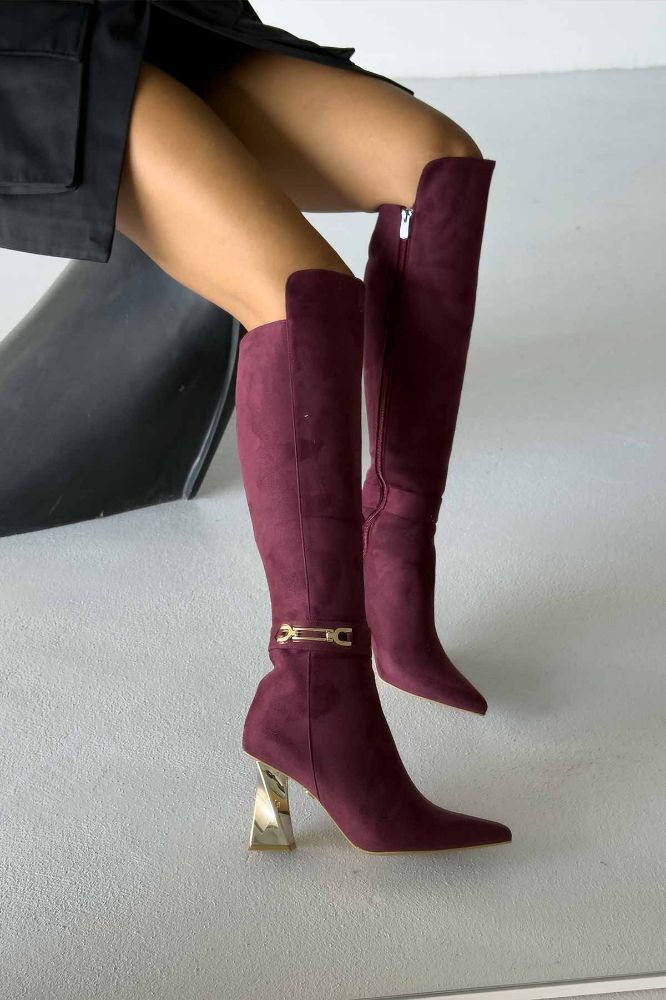 Thalia Toka Detaylı Kalın Topuk 8 Cm Bordo Süet Çizme resmi