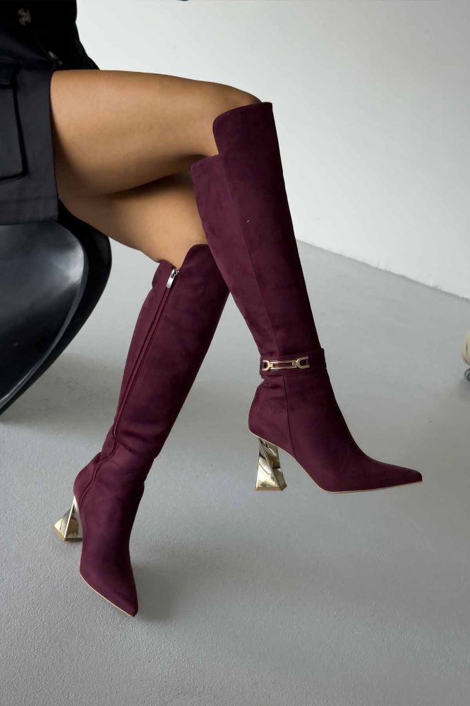 Thalia Toka Detaylı Kalın Topuk 8 Cm Bordo Süet Çizme resmi