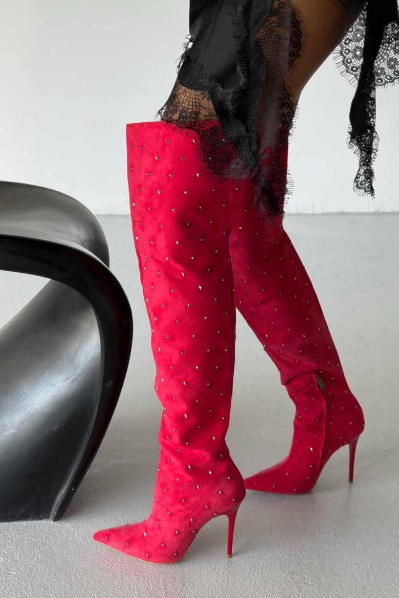 Paint Diz Üstü İnce Topuk 10 Cm Kırmızı Süet Taşlı Çizme resmi