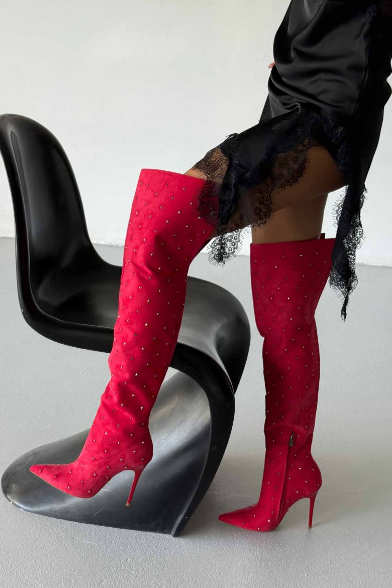 Paint Diz Üstü İnce Topuk 10 Cm Kırmızı Süet Taşlı Çizme resmi