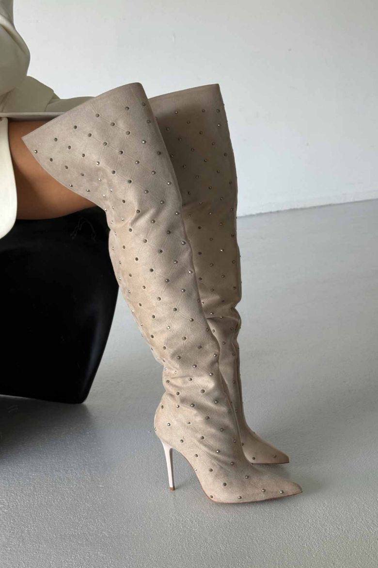 Paint Diz Üstü İnce Topuk 10 Cm Ten Süet Taşlı Çizme resmi