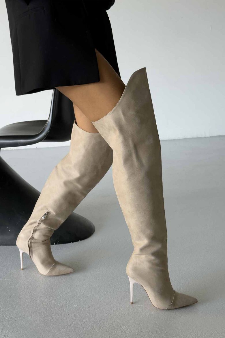 Rojo Diz Üstü İnce Topuk 10 Cm Ten Süet Çizme resmi