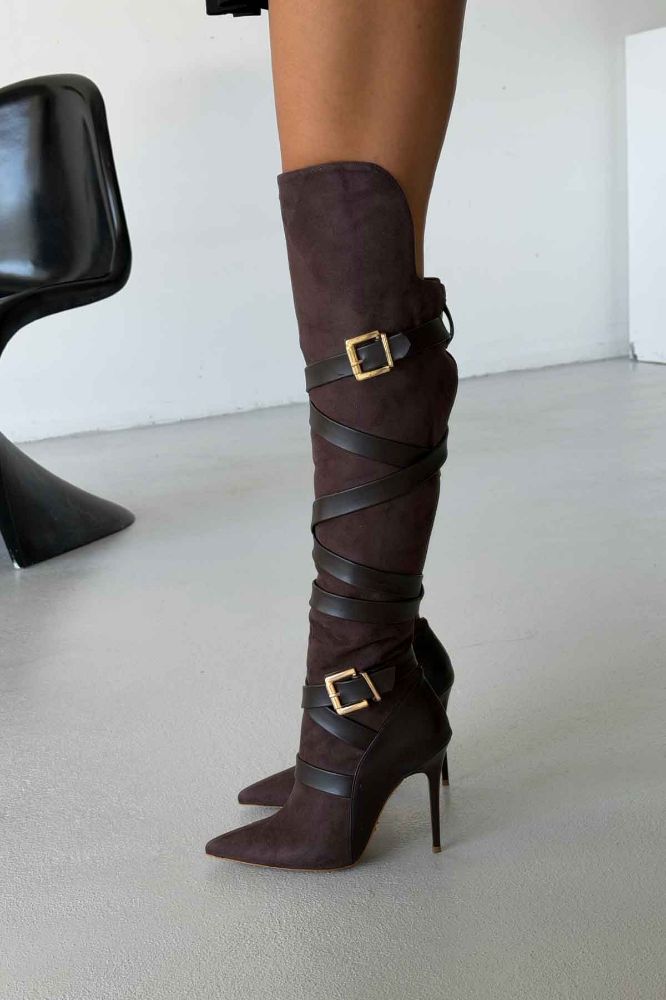 Soul Toka Detaylı İnce Topuk 10 Cm Acı Kahve Süet Çizme resmi