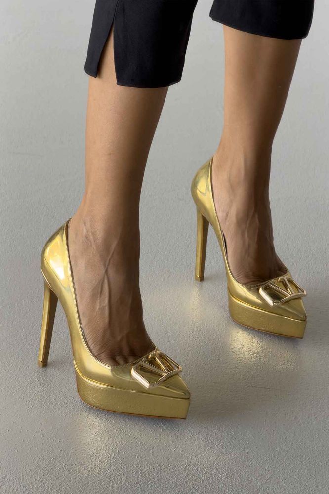 Gunhild Toka Detaylı İnce Topuk 13 Cm Gold Platform resmi