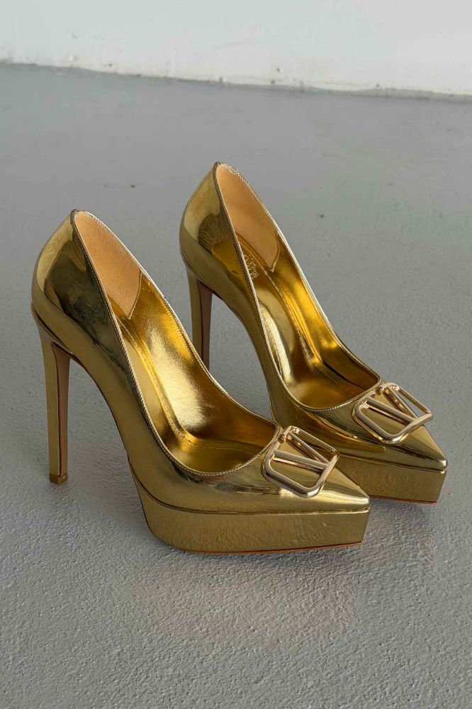 Gunhild Toka Detaylı İnce Topuk 13 Cm Gold Platform resmi