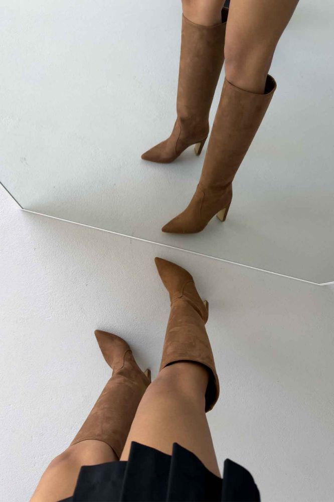 Cove Kalın Topuk 9 Cm Taba Süet Çizme resmi