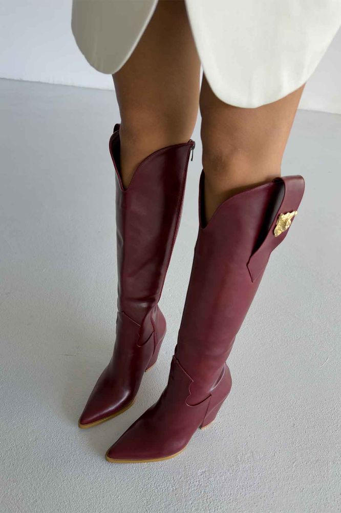 Rixos Toka Detaylı Kalın Topuk 9 Cm Bordo Mat Çizme resmi