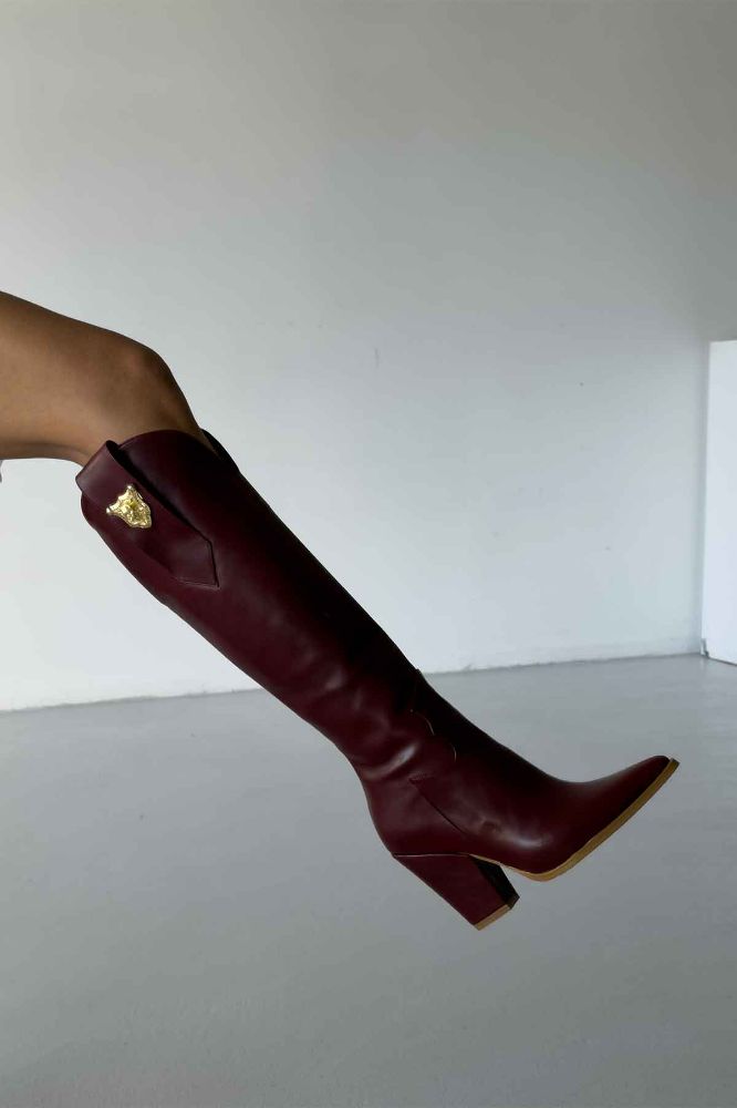 Rixos Toka Detaylı Kalın Topuk 9 Cm Bordo Mat Çizme resmi