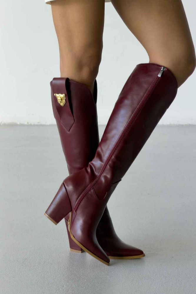 Rixos Toka Detaylı Kalın Topuk 9 Cm Bordo Mat Çizme resmi